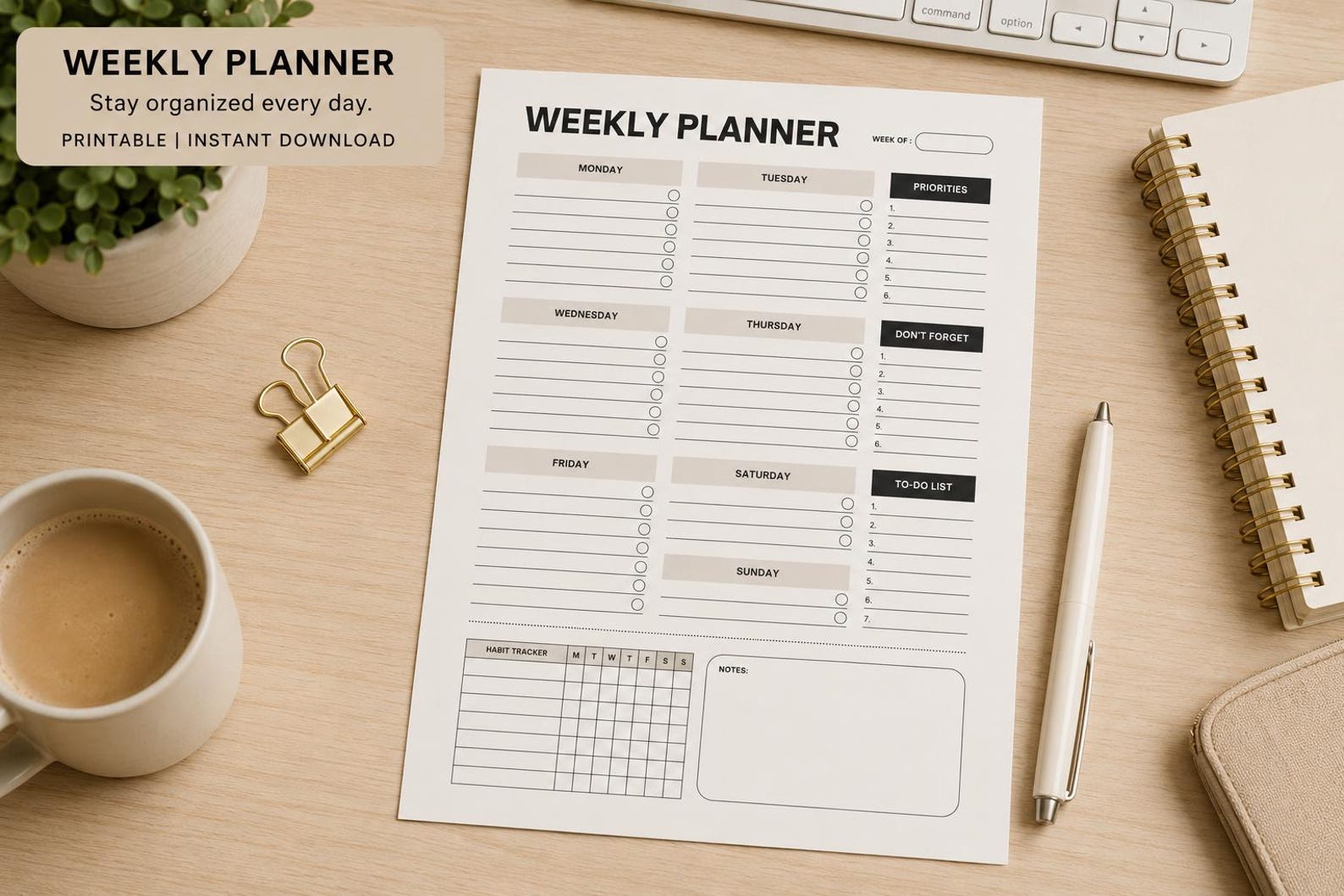 Minimal Weekly Planner Printable | Neutral Student Productivity Tracker ...