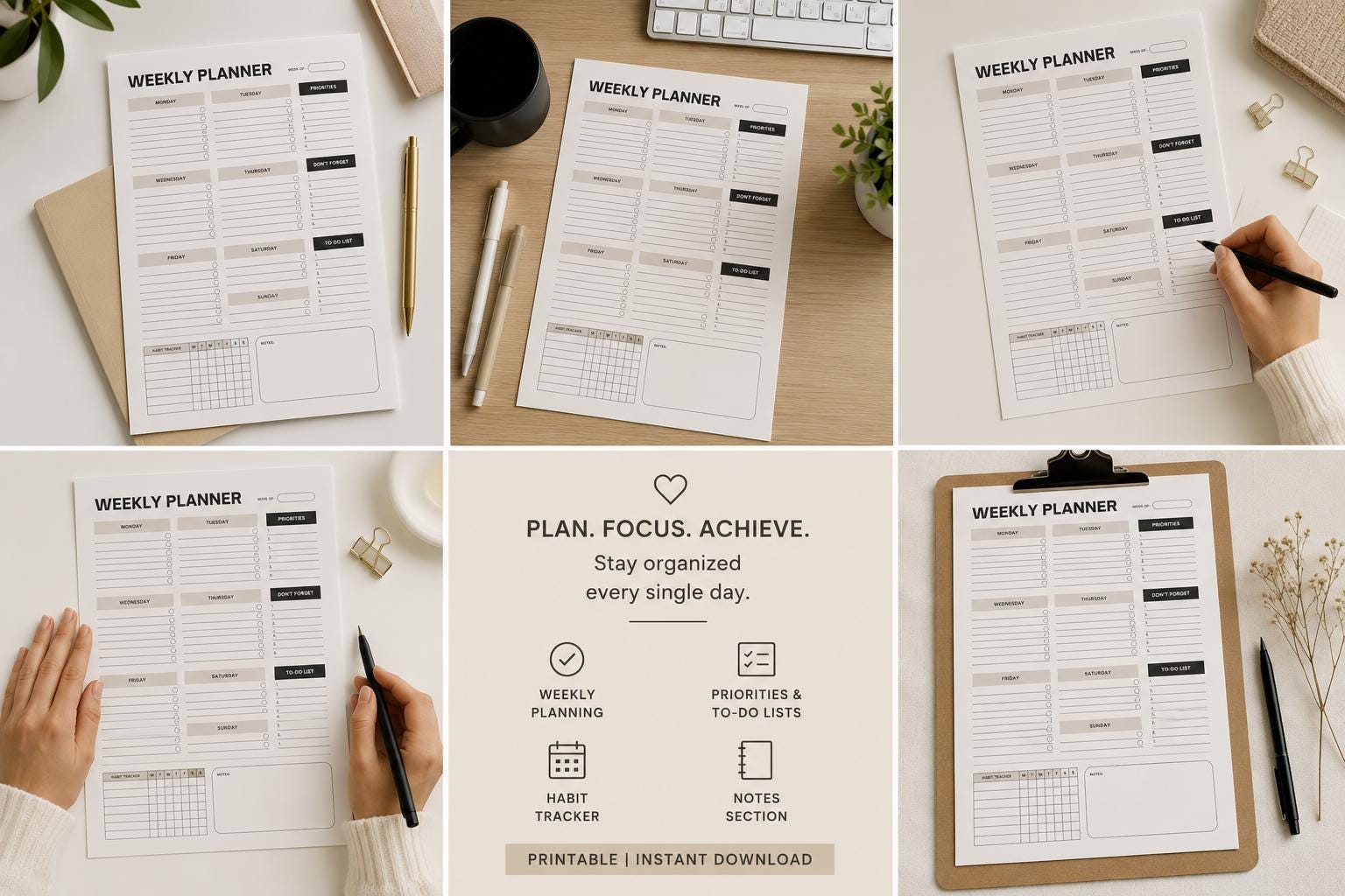 Minimal Weekly Planner Printable | Neutral Student Productivity Tracker ...