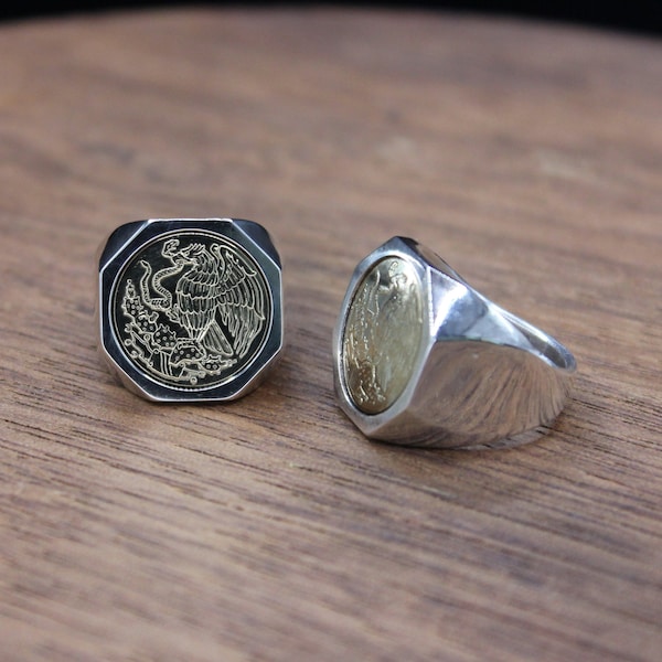 MEXICAN PESO RING coin Escudo Nacional de México anillo hand made, one of a kind, custom silver