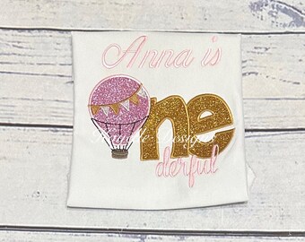 Girls Personalised Hot air balloon birthday t-shirt | Birthday | Embroidery | Onederful birthday |