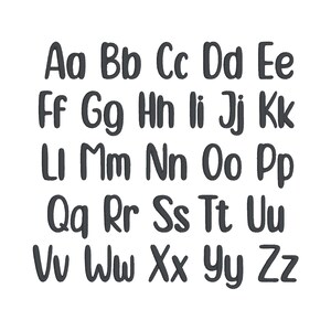 May include: A digital graphic featuring the complete English alphabet in both uppercase and lowercase letters. The characters are displayed in a dark gray, rounded, handwritten-style font, arranged in five rows against a plain white background.