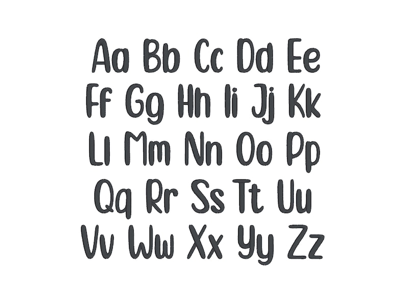 May include: A digital graphic featuring the complete English alphabet in both uppercase and lowercase letters. The characters are displayed in a dark gray, rounded, handwritten-style font, arranged in five rows against a plain white background.