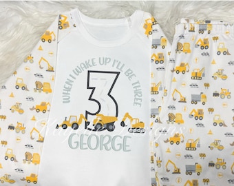 Children Personalised construction vehicle birthday pyjamas| digger | truck | excavator