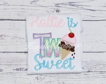 Girls two sweet ice-cream t-shirt | Birthday | Embroidery | Ice-cream Birthday |