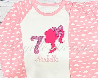 Girls Personalised Girl silhouette birthday pyjamas| Birthday | Embroidered pyjamas