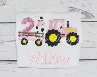 Girls Personalised Farm Truck t-shirt | Birthday | Embroidery| Farm Vehicle | Farm Tractor | Tractor with Cow