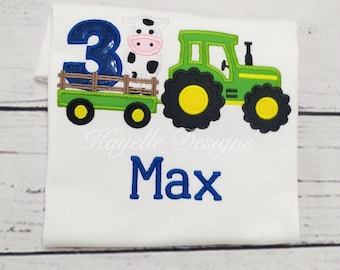Camiseta personalizada para niño con diseño de camión de granja / Cumpleaños / Bordado / Vehículo agrícola / Tractor agrícola / Tractor con vaca