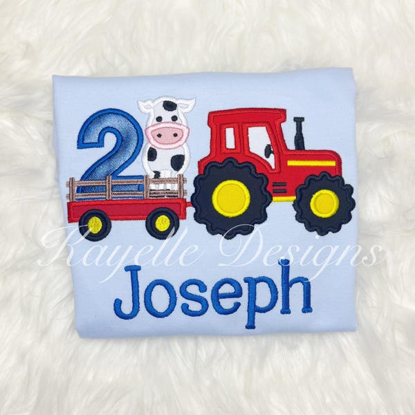 Boys Personalised Farm Truck t-shirt | Birthday | Embroidery| Farm Vehicle | Farm Tractor  | Tractor with Cow