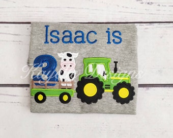 Camiseta personalizada de camión de granja para niños / Cumpleaños / Bordado / Vehículo agrícola / Tractor agrícola / Tractor con vaca