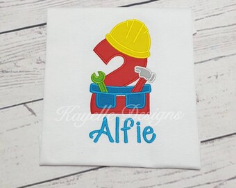 男の子用パーソナライズ建設 T シャツ | 誕生日 | 刺繍 | 建設ツール ベルト | 建設ツール