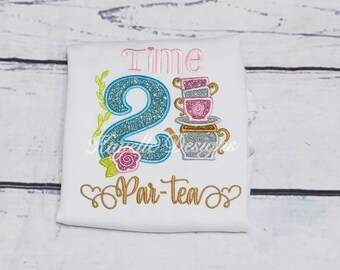 Camiseta personalizada para fiesta de té de segundo cumpleaños para niñas / Cumpleaños / Bordado / Segundo cumpleaños /