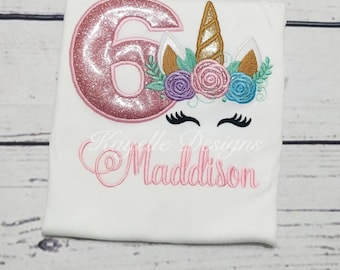 女の子用パーソナライズユニコーンTシャツ | 誕生日 | 刺繍