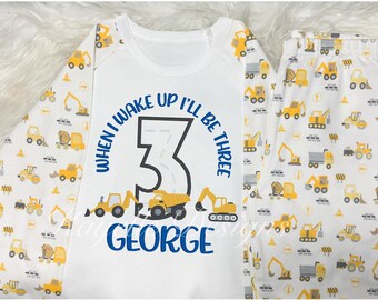 Children Personalised construction vehicle birthday pyjamas| digger | truck | excavator
