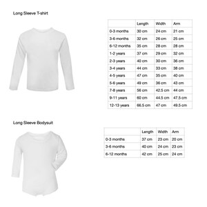 May include: A white long-sleeve t-shirt and a white long-sleeve bodysuit. A sizing chart is provided for each, listing lengths, widths, and arm measurements in centimeters for age ranges from 0-3 months up to 12-13 years for the t-shirt.