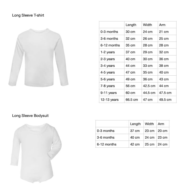 May include: A white long-sleeve t-shirt and a white long-sleeve bodysuit. A sizing chart is provided for each, listing lengths, widths, and arm measurements in centimeters for age ranges from 0-3 months up to 12-13 years for the t-shirt.