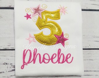 女の子用パーソナライズ星と渦巻きTシャツ | 誕生日 | 刺繍 | プリンセス | 星の誕生日