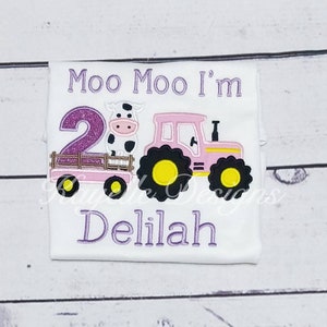 Girls Personalised Farm Truck t-shirt | Birthday | Embroidery| Farm Vehicle | Farm Tractor  | Tractor with Cow