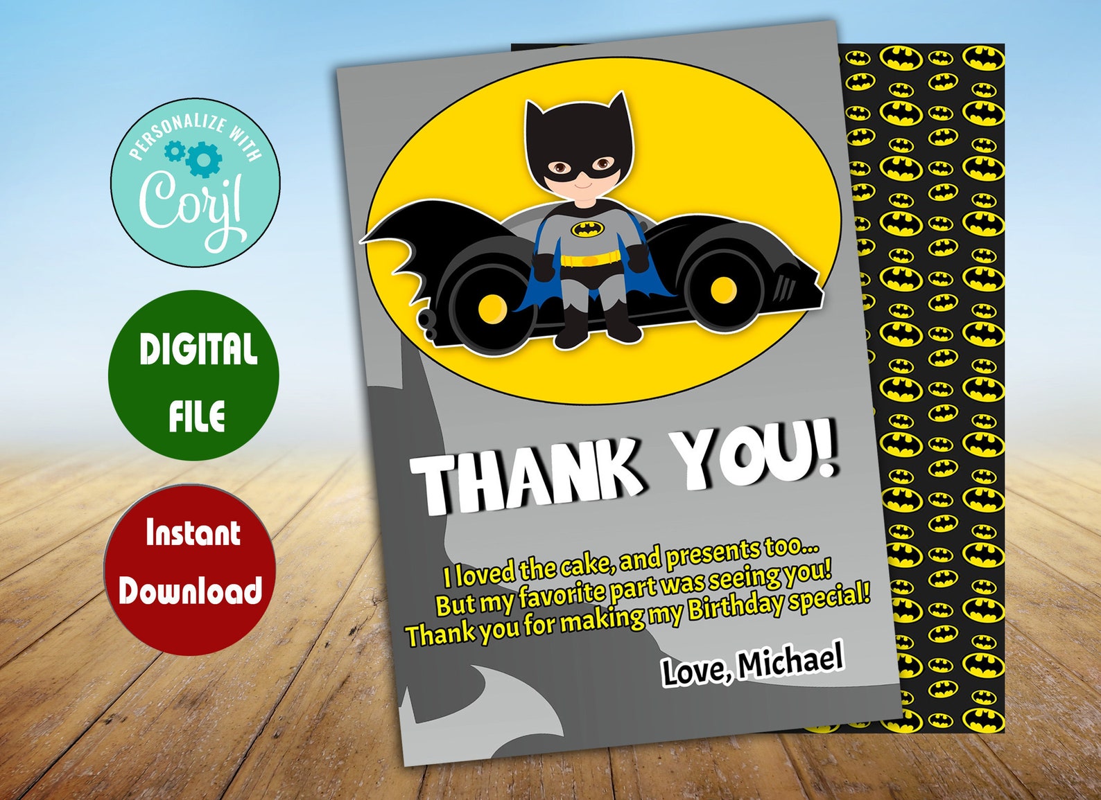 Editable Batman Thank you card Batman Birthday Batman Etsy