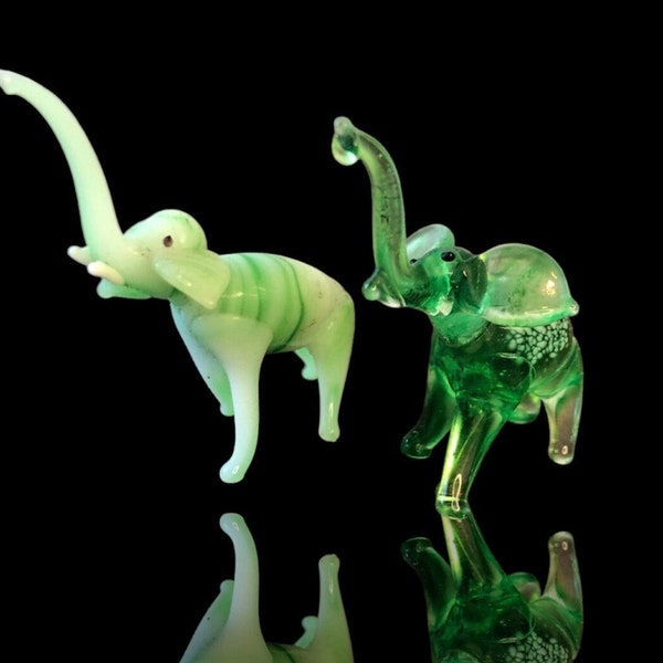 Two Miniature Green Art Glass Elephant Figurines, Collectible Handblown Glass, Mini Elephants