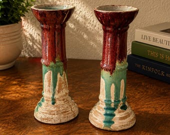 Vintage Pier 1 Ceramic Pillar Candle Holders, Drip Glaze Art Pottery Candlesticks, Set of 2, 10 Inch