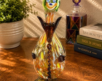 Vintage Murano Style Art Glass Clown Decanter, Hand Blown Italian Venetian Glass Bottle, Studio Art Glass Sculpture