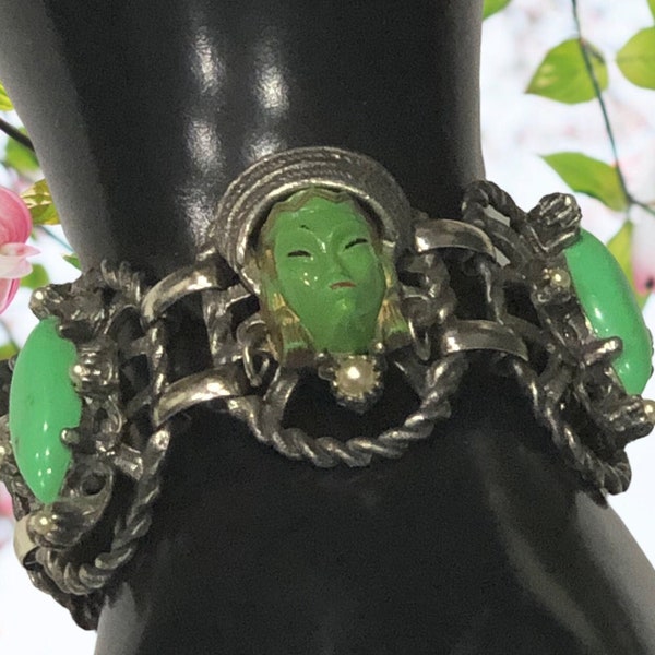 Green Selro Selini Bracelet, Thai Goddess Face Bracelet, Lucite Cabochon, Panel Link Bracelet 7.25”, Silver Tone Bracelet, Ships From USA