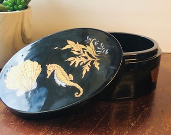 Black Ceramic Storage Box, Seahorse and Seashell Design, Trinket Box, Decorative Seachell Container, Ships From USA