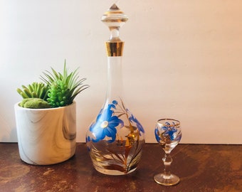 Blue Gold Pattern Glass Wine Decanter And 1 Cordial Glass, Mid Century, MCM Vintage Barware, Vintage Barcart Decor, 70s,  Ships From USA