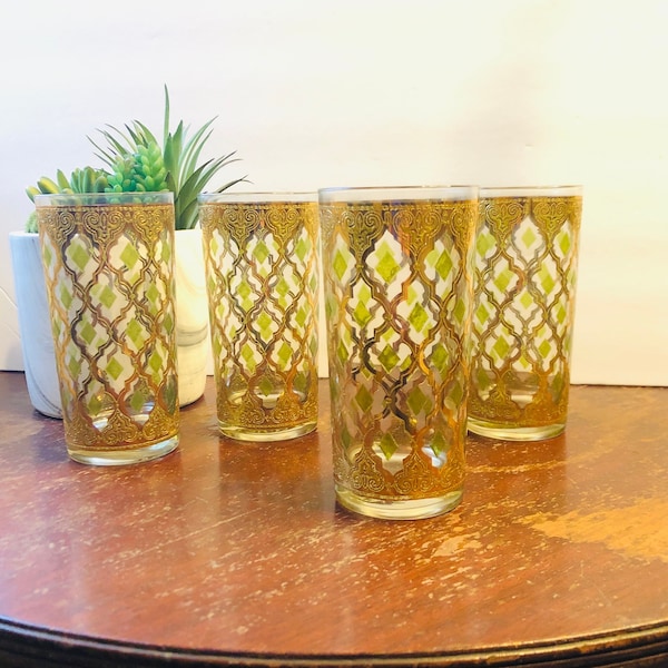 4 Culver Valencia Highball Cocktail Glasses, 22 Karat Gold Gilt Barware, MCM, MidCentury Glassware, Barcart Decor, Vintage, Ships From USA