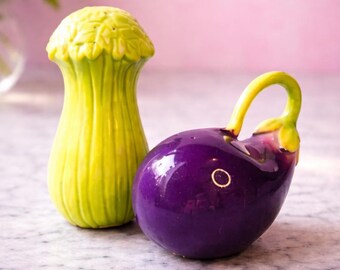 Mismatched 1990s Eggplant Celery Salt Pepper Shakers Set – Fitz & Floyd Novelty Kitchenware