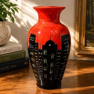 May include: A ceramic vase featuring a glossy red upper section and a black lower section decorated with a stylized cityscape pattern. The design includes vertical black buildings with small white rectangular windows against the vibrant red sky.