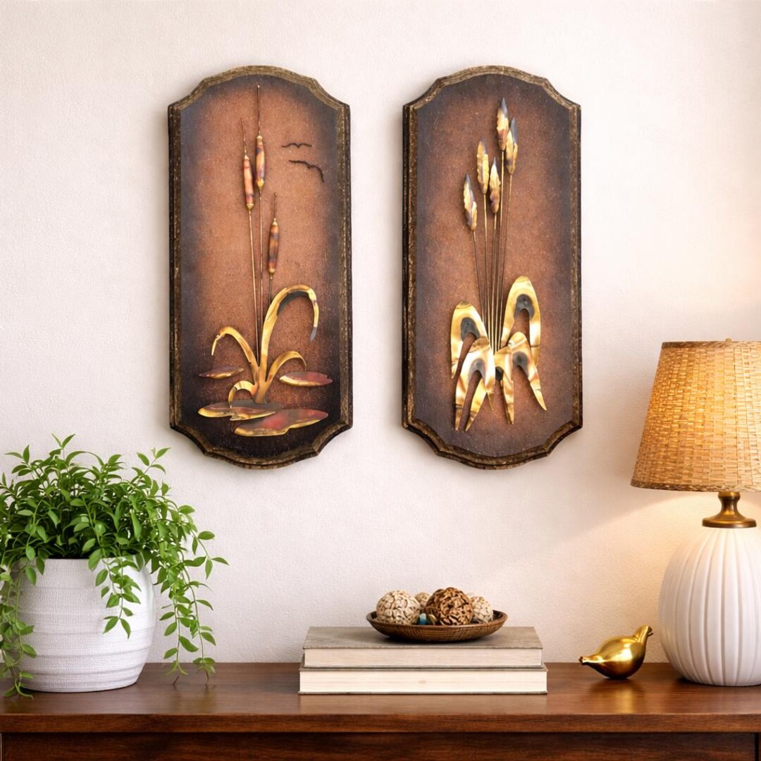 Image showcasing 1970s Wooden Metal Cattail Wall Art Decor Accent: Mid Century Copper ...