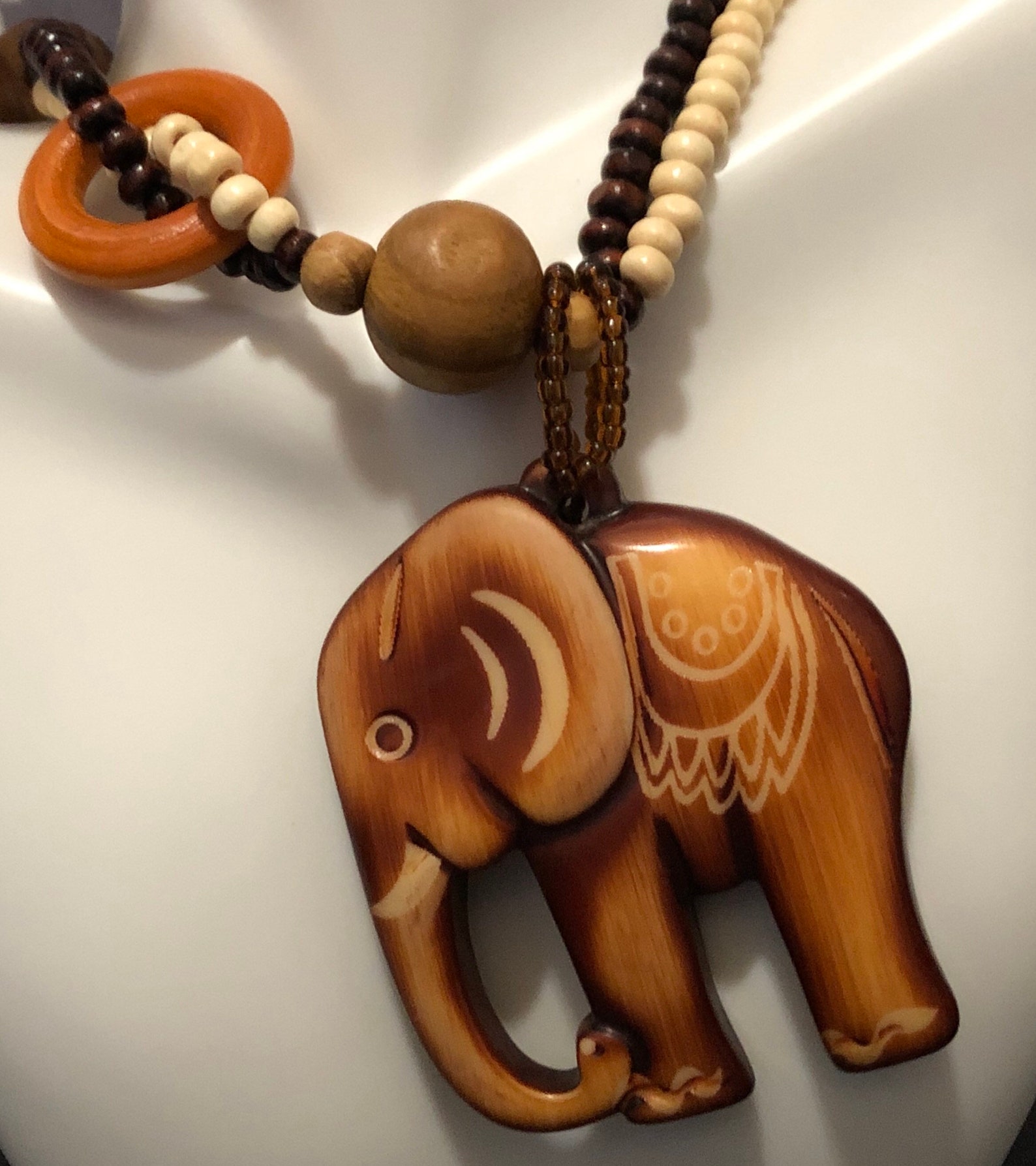 Unique Elephant wood ethnic pendant necklace long wood beaded Etsy