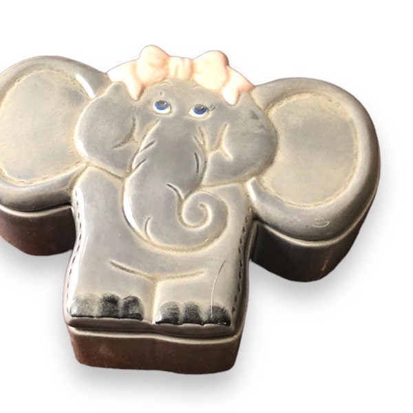 Handmade 1984 Elephant Trinket Box Dish, Signed