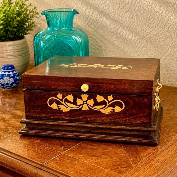 Vintage World Market Wooden Keepsake Box, Floral Marquetry Inlay, Decorative Hinged Storage Chest, Solid Wood Box