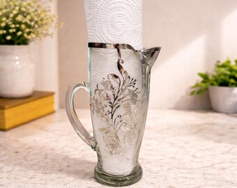 1960s Etched Sterling Silver Floral Glass Pitcher, Mid-Century Bar Cart Decor