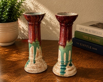 Vintage Pier 1 Ceramic Pillar Candle Holders, Drip Glaze Art Pottery Candlesticks, Set of 2, 10 Inch
