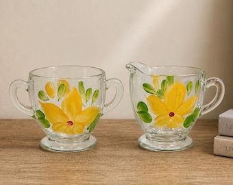 Gay Fad Cream and Sugar Set Hand Painted Glass Creamer Sugar Bowl Yellow Floral Vintage Mid Century Glassware