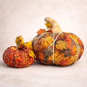 Handmade Patchwork Fabric Pumpkin Decorative Pillow: Fall Thanksgiving Table Decor, Set of 2