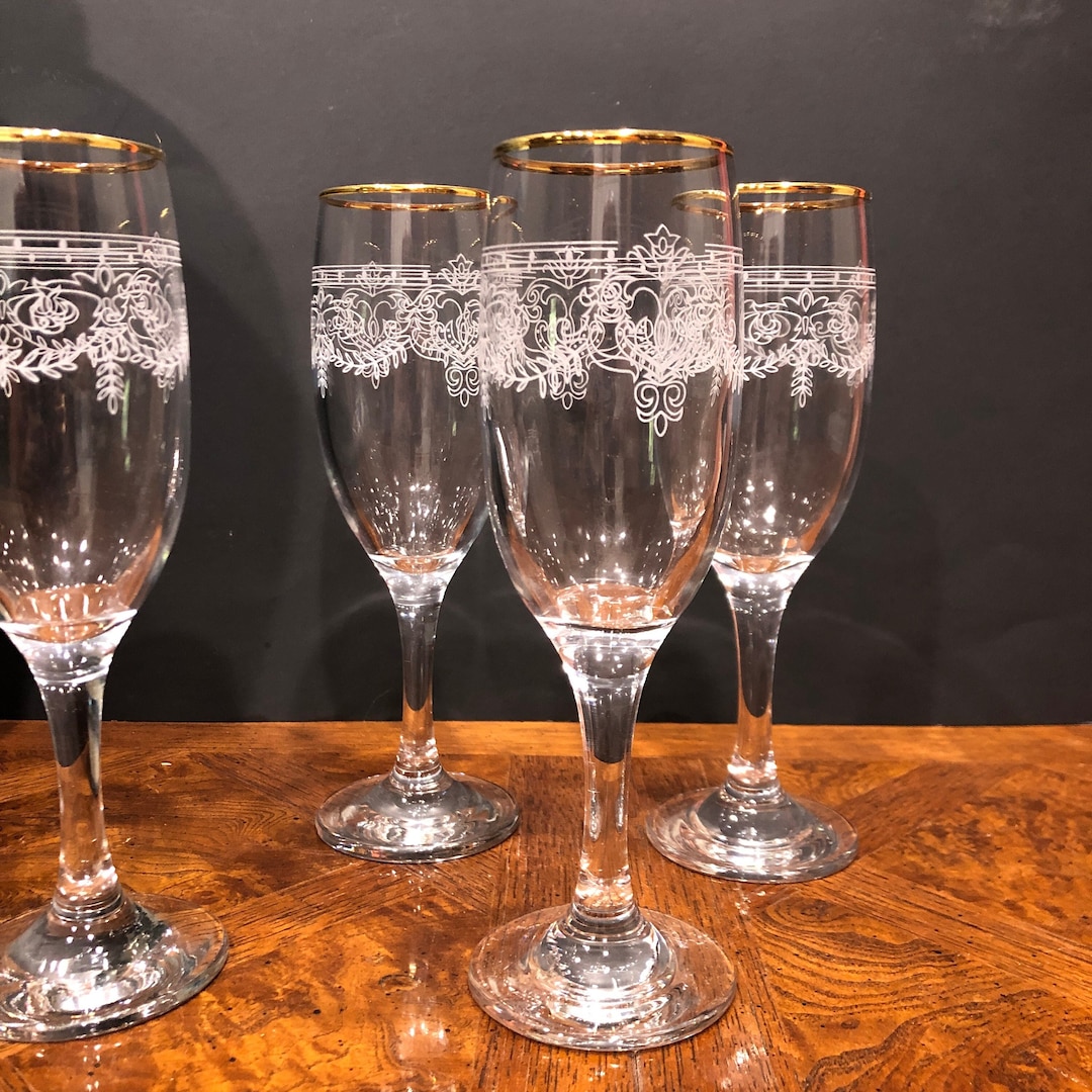 Italian 24k Gold Rimmed Champagne Flutes, Wedding Toasting Glasses