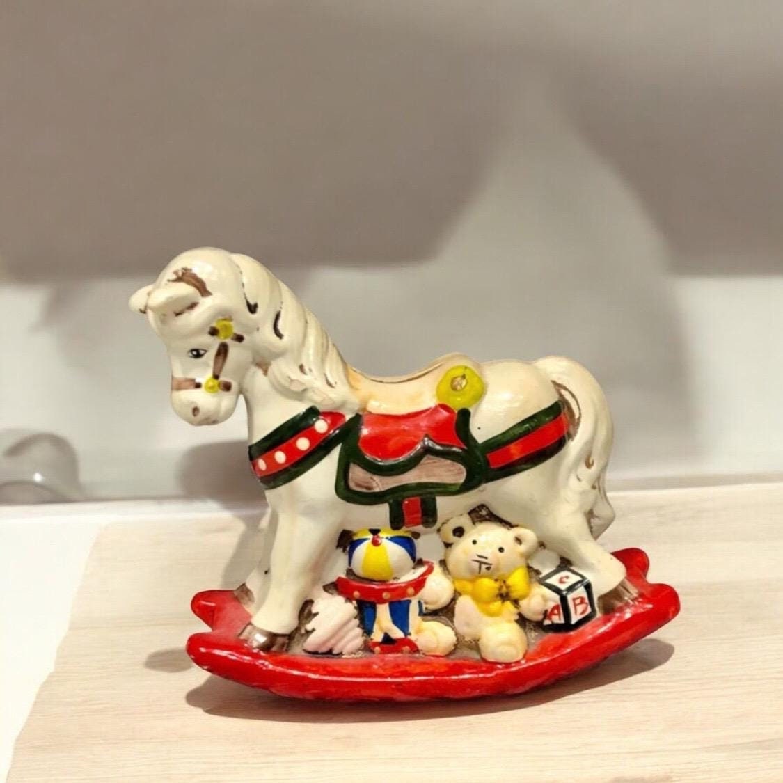 1980s Enesco Rocking Horse Ceramic Piggy Bank - Nostalgic Nursery
