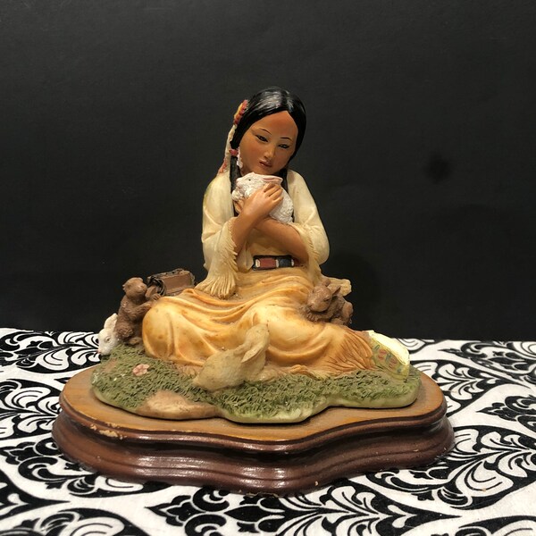 Ceramic Native American Woman Girl Figurine With Bunny Rabbits, One Rabbit Is Missing Ears, Sculpture, Knick Knack, Figurine