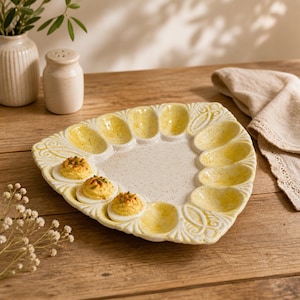 Triangle Egg Platter Tray, Vintage 70s Retro Home Decor, 12 Slot Deviled Egg Plate, Mid Century, Yellow
