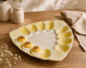 Triangle Egg Platter Tray, Vintage 70s Retro Home Decor, 12 Slot Deviled Egg Plate, Mid Century, Yellow
