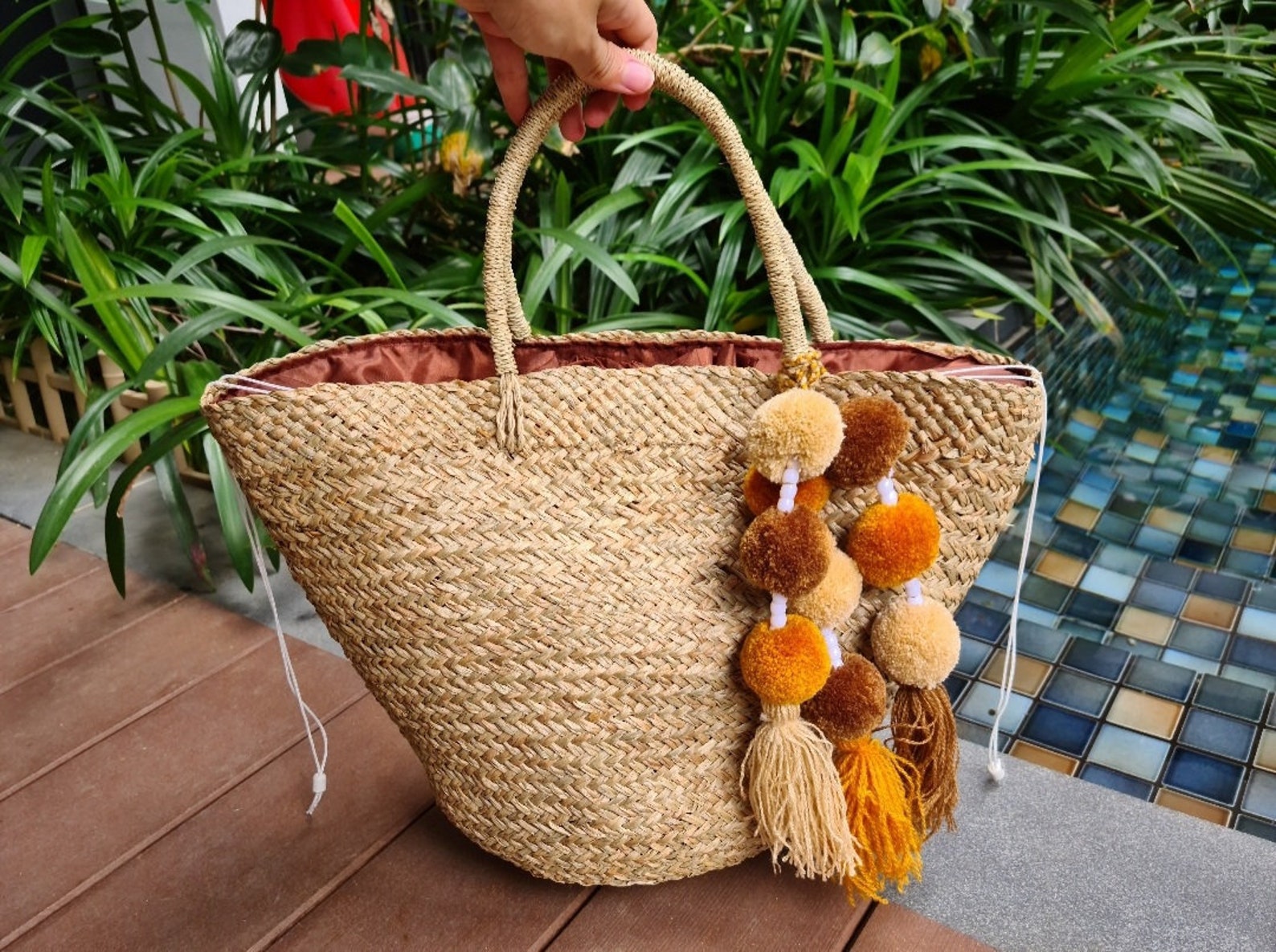 Large Rattan Tote Bag with Brown Pompom Tassels Handmade | Etsy