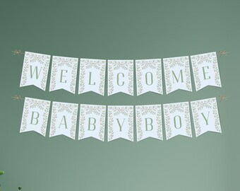 Editable Blue Floral Banner – Watercolor Vine Baby Shower Decoration – Printable Baby Banner Garland – Custom Welcome Baby Sign Template