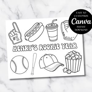 May include: Monochrome illustration with baseball-related imagery: a foam finger, hot dog, drink, glove, baseball, bat, cap, and popcorn. The words "HENRY'S ROOKIE YEAR" are present. A black circle with the text "EASY TO CUSTOMIZE Canva INSTANT DOWNLOAD" is in the upper right.