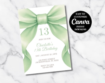 Invitación de cumpleaños con lazo verde, elegante invitación de fiesta con cinta, descarga digital imprimible para todas las edades, plantilla editable de Canva.