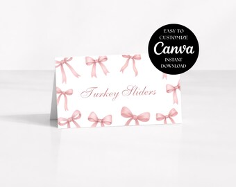 Letreros de mesa para buffet con lazo rosa, tarjetas de lugar para catering de cumpleaños de niñas, planificación de eventos, etiquetas para buffet, etiquetas para alimentos, letrero de postre