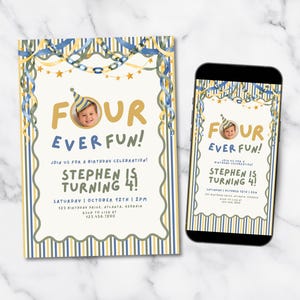Convite para festa de aniversário de 4 anos para menino, convite de aniversário "Quatro para Sempre Divertido", modelo editável do Canva
